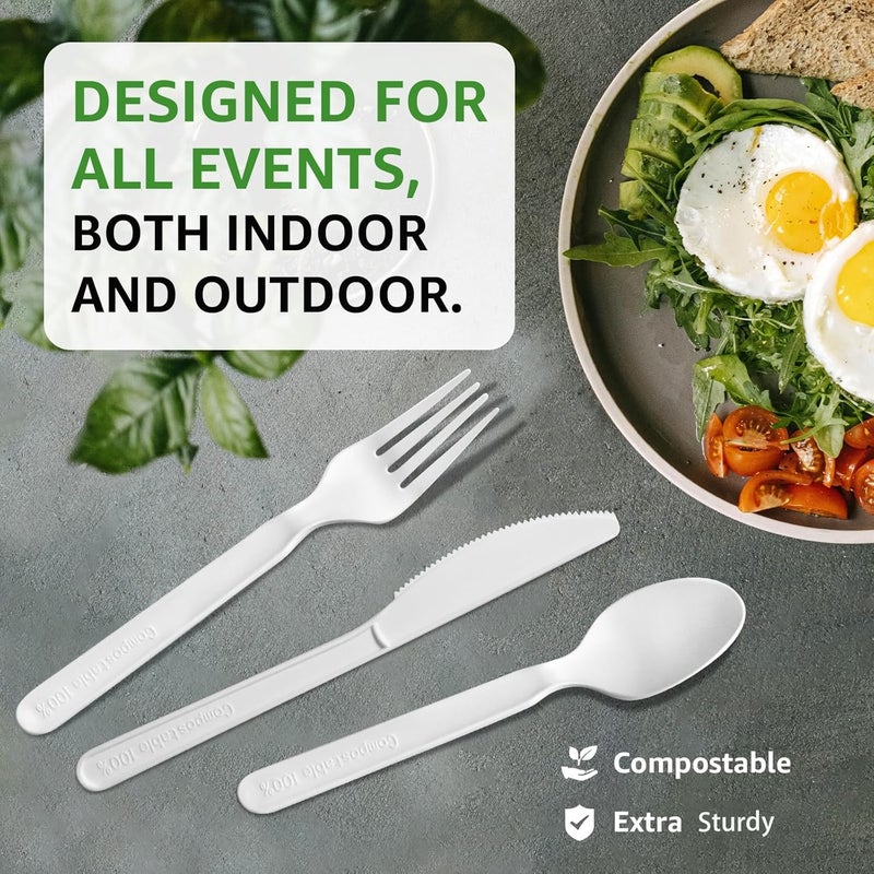 biocean 450 Counts Compostable Forks Spoons Knives Set Disposable Forks Utensils Heavy Duty Knives Silverware Eco Friendly Flatware for Party Camping Picnics White forks spoons and knives set - Image 4